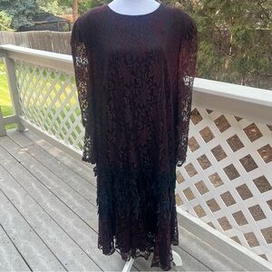 Vintage David‎ Rose Maroon Lace Black Midi Dress Padded Shoulders LS Formal